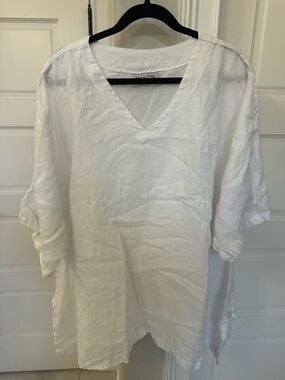 HLT248 Match Point White 100% Linen V-Neck Shirt Tunic Kimono Flax Size 2X Plus